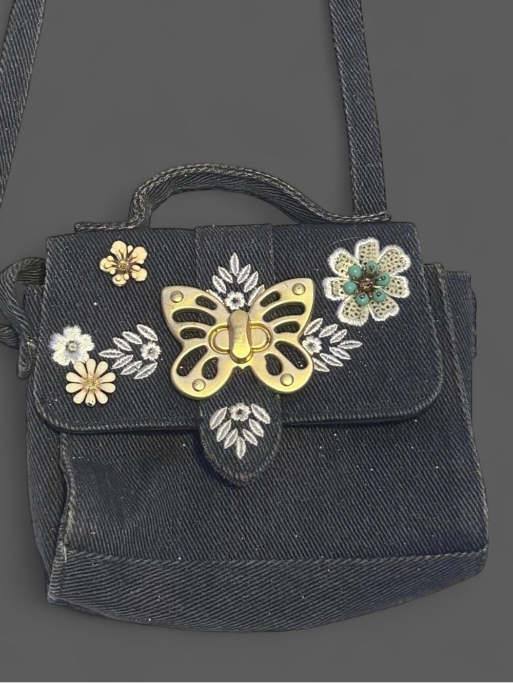 Black Floral Butterfly Accent Crossbody Bag